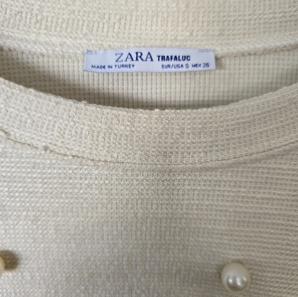 Zara Ivory Puff Sleeve Sweater Pearls Size Small Oversized - Picture 3 of 3